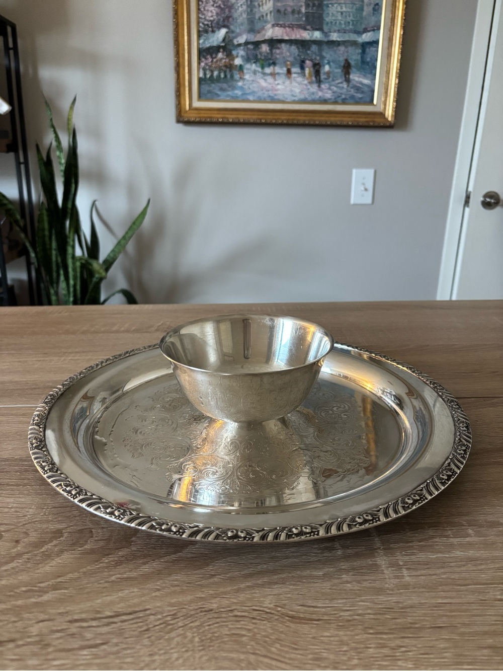 Vintage Silver Serving Tray w/ Attached Silver Bowl - Polished Chip & Dip Bowl